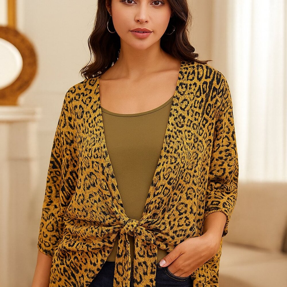 Chicos Leopard Print 3/4 Sleeves Cozy Tie-Front Academia Boho Cardigan Women 3